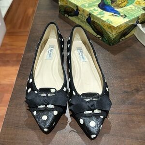 LK Bennett Black & White Polka Dot Bow Flats – Size 7.5